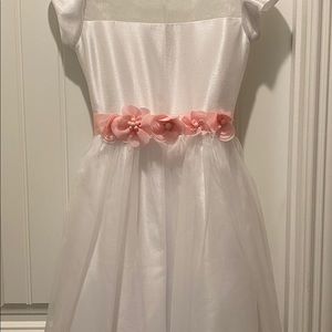 White dress with pink flower sash